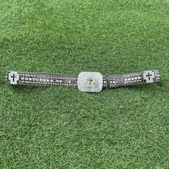 Pewter Rhinestone Cross Crystal Croco Leather Snap On Buckle Belt‎ Medium main image 8